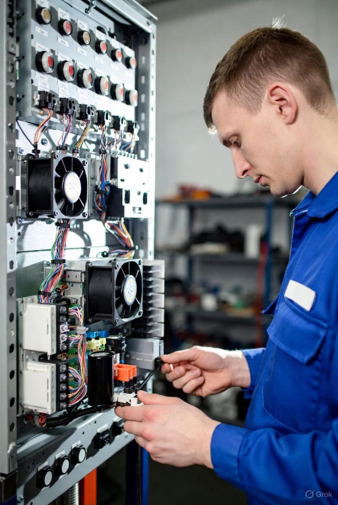 تکنسین متخصص در حال تعمیر اینورتر صنعتی پنل داخلی اینورتر صنعتی (درایو فرکانس متغیر VFD) با بررسی دقیق سیم‌کشی، خازن‌ها، فن‌های خنک‌کننده و هیت‌سینک‌ها در کارگاه الکترونیک صنعتی. تصویر مناسب برای خدمات تعمیر اینورتر صنعتی، تعمیر درایو کنترل موتور و عیب‌یابی تجهیزات اتوماسیون صنعتی.