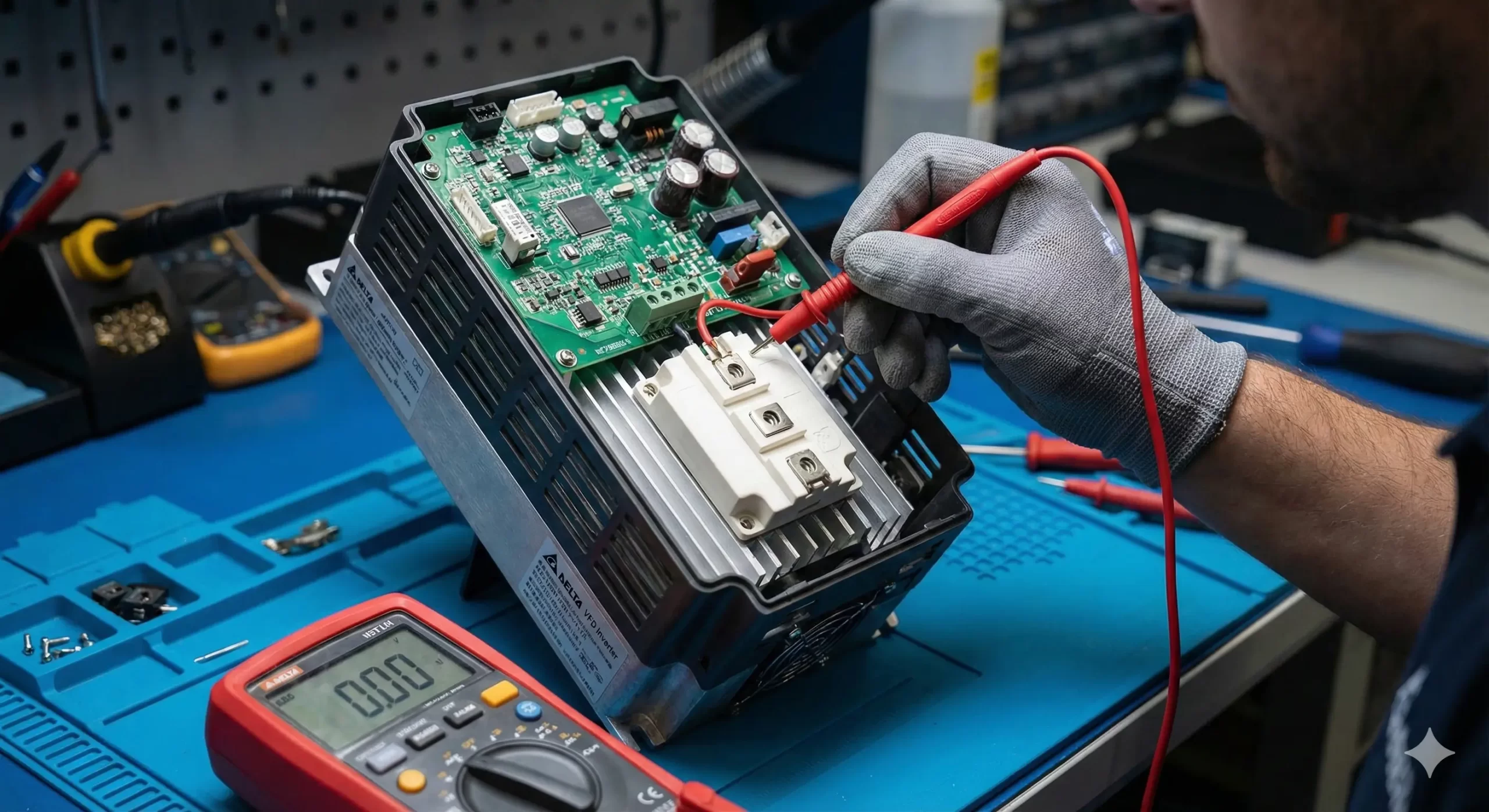 تست تخصصی ماژول IGBT و عیب‌یابی مدار قدرت با مولتی‌متر در فرآیند تعمیر اینورتر Delta