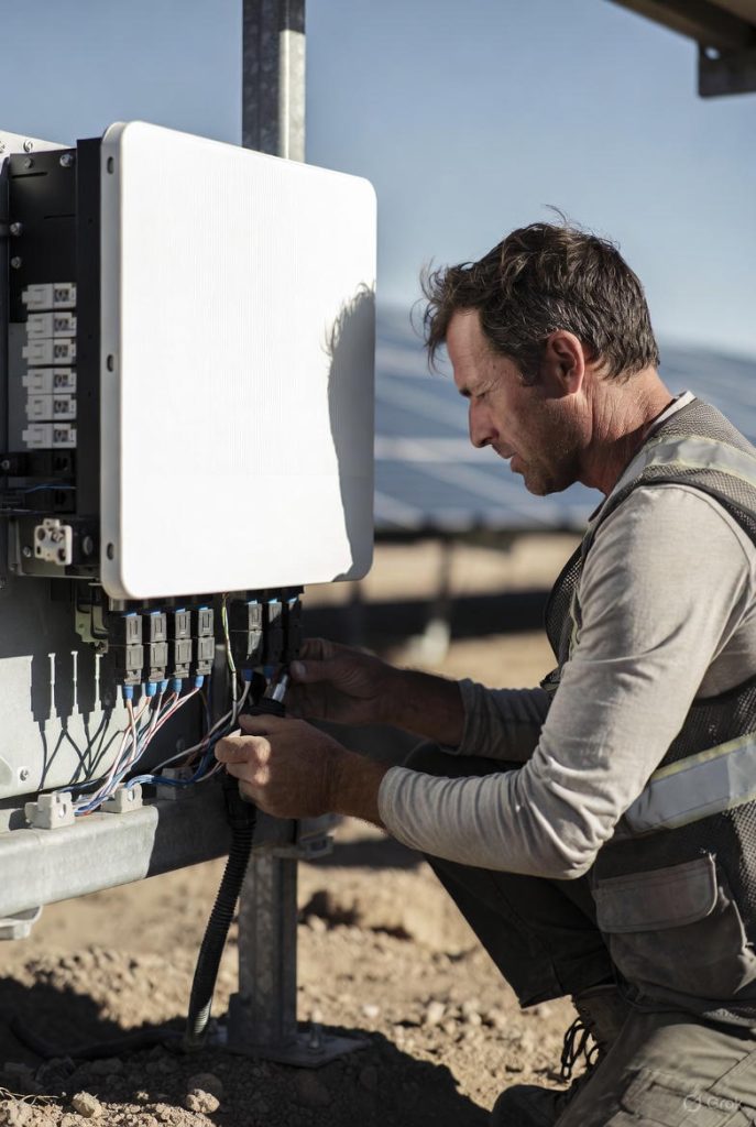 تکنسین در حال عیب‌یابی و تعمیر اینورتر خورشیدی در محل نصب نیروگاه خورشیدی، بررسی اتصالات کابل‌های DC و AC در محیط باز