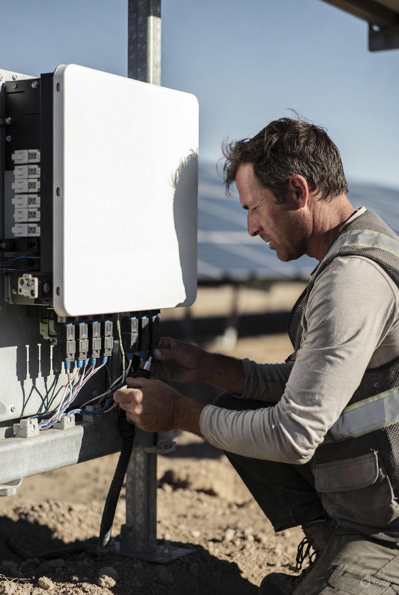 تکنسین در حال عیب‌یابی و تعمیر اینورتر خورشیدی در محل نصب نیروگاه خورشیدی، بررسی اتصالات کابل‌های DC و AC در محیط باز